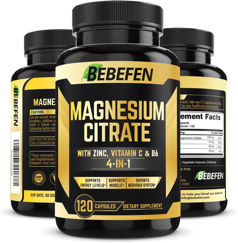 (𝟒 𝐌𝐨𝐧𝐭𝐡 𝐒𝐮𝐩𝐩𝐥𝐲) Magnesium Citrate 𝟏𝟐𝟎 𝐂𝐚𝐩𝐬𝐮𝐥𝐞𝐬 with 𝐙𝐢𝐧𝐜, 𝐕𝐢𝐭𝐚𝐦𝐢𝐧 𝐂, 𝐁𝟔 – Muscle, Joint, Heart & Digestion Support
