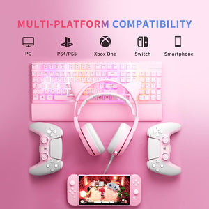 G951S Pink Stereo Gaming Headset with Mic for PS4, Xbox One, PC, Mobile Phone, 3.5MM Sound Detachable Cat Ear Headphones Lightweight Self-Adjusting over Ear Headphones for Women