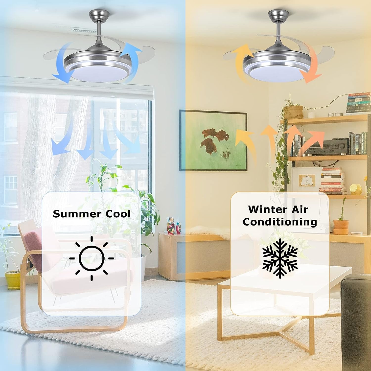 42" Retractable Ceiling Fan with Lights and Remote Control Modern Ceiling Fan with Retractable Blades, Silent Motor, 3 Light Color Changes, Brushed Nickel for Bedroom Living Room Dining…