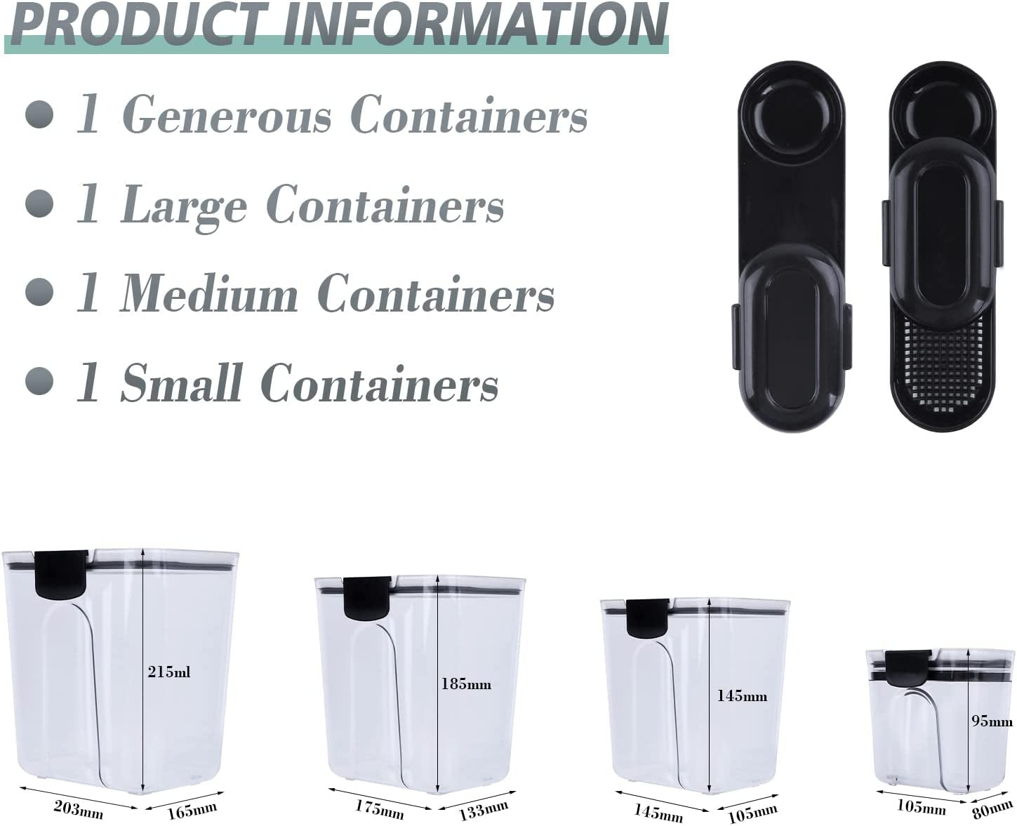 Airtight Food Storage Containers 4 Pcs Pantry & Kitchen Organization Container Large Cereal Rice Dispenser BPA Free Baking Storage Organiser with Leak Proof Lids