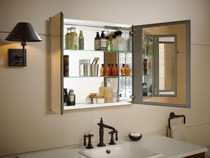 CB-CLC3026FS 30" W X 26" H Two-Door Bathroom Medicine Cabinet with Mirror, Recessed or Surface Mount Bathroom Wall Cabinet, Beveled Edges,Silver