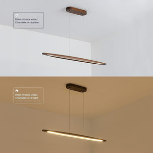 Wood Linear Pendant Light LED Dimmable Chandelier Long Strip Ceiling Hanging Lamp Height Adjustable Dining Room Light for Kitchen Island Walnut Color