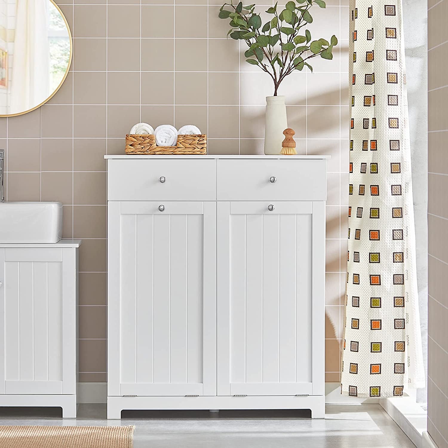 BZR33-W, 2 Drawers 2 Doors Laundry Cabinet Laundry Chest with 2 Removable Laundry Baskets, Bathroom Cabinet