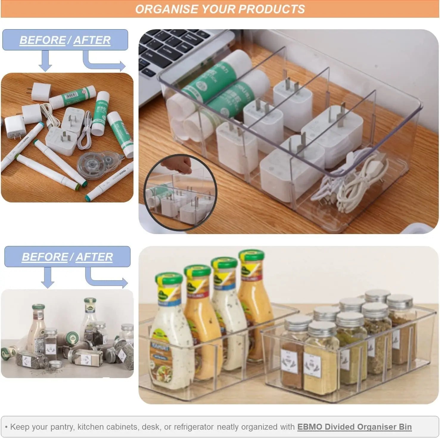 2 Pack Plastic Food Storage Containers Bins, Stackable Bathroom Kitchen Pantry Drawer Makeup Organisers Bins, Food Storage Bag Tea Box, Storage Baskets & Bins, Fridge Storage Organiser Containers (2)