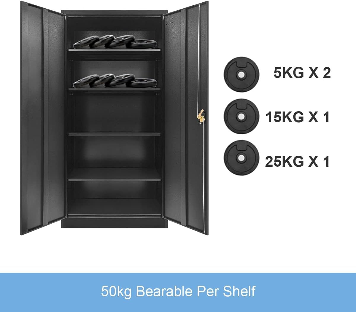 Locker Cabinet Steel Filing Cabinet 185Cm Lockable File Storage Cupboard 2 Door 4 Shelves Office Home Stationary Black