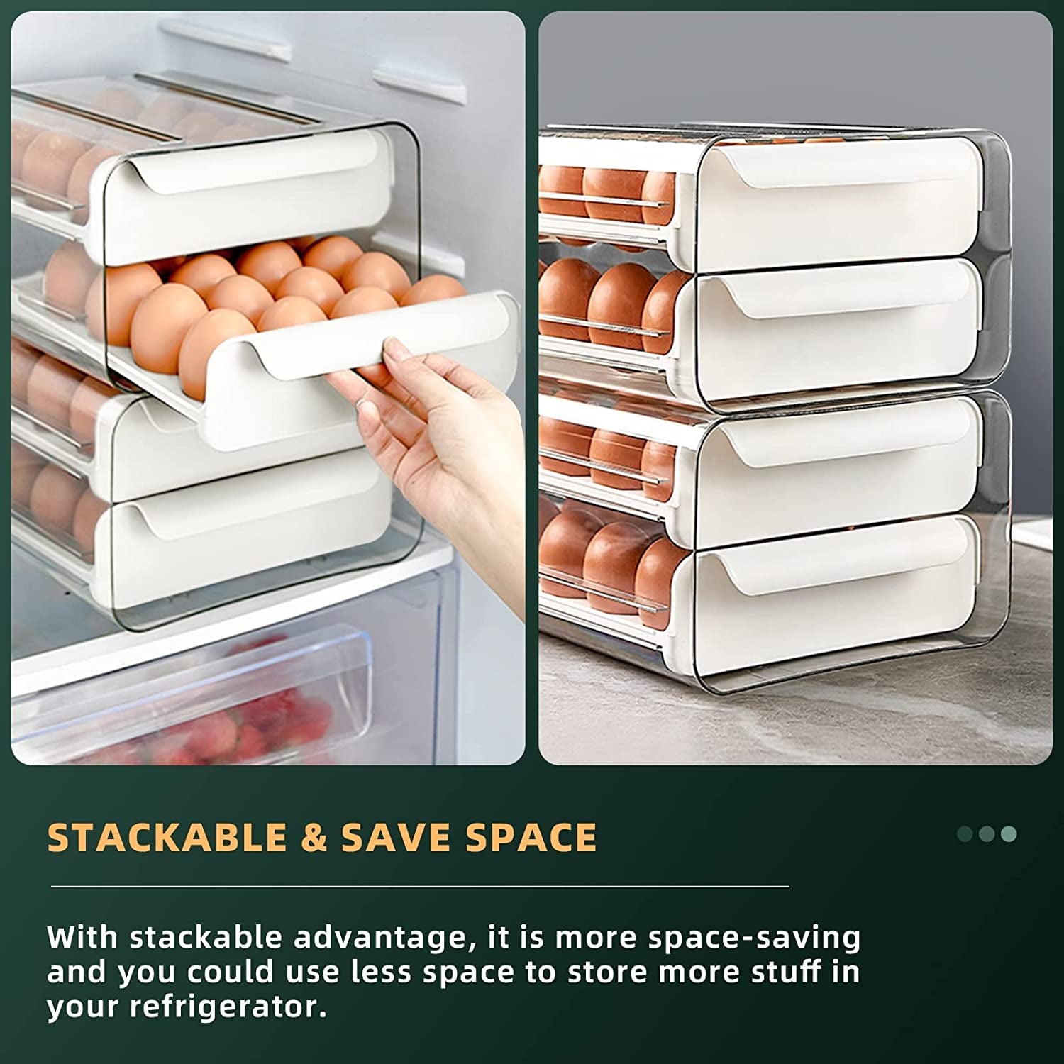 Egg Container for Refrigerator, Double-Layer 32 Grid Egg Holder Egg Tray, Refrigerator Egg Storage Tray Egg Holder Container Drawer, Stackable Clear Egg Organizer Storage Box (White)