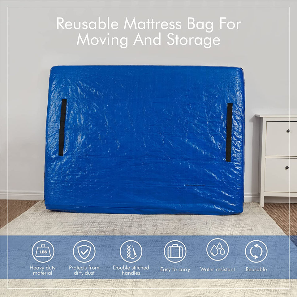 Mattress Bag with Handles for Moving and Storage - Queen Size - Extra Thick, Reusable, Waterproof Material - Strong Zipper (Blue, Queen)