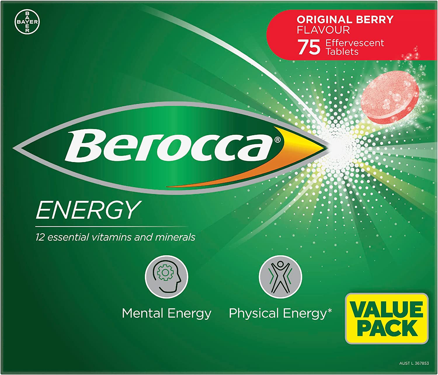 Energy Vitamin with 12 Essential Vitamins and Minerals to Help Support Physical Energy and Mental Sharpness, Original Berry Flavour, 75 Effervescent Tablets, Red