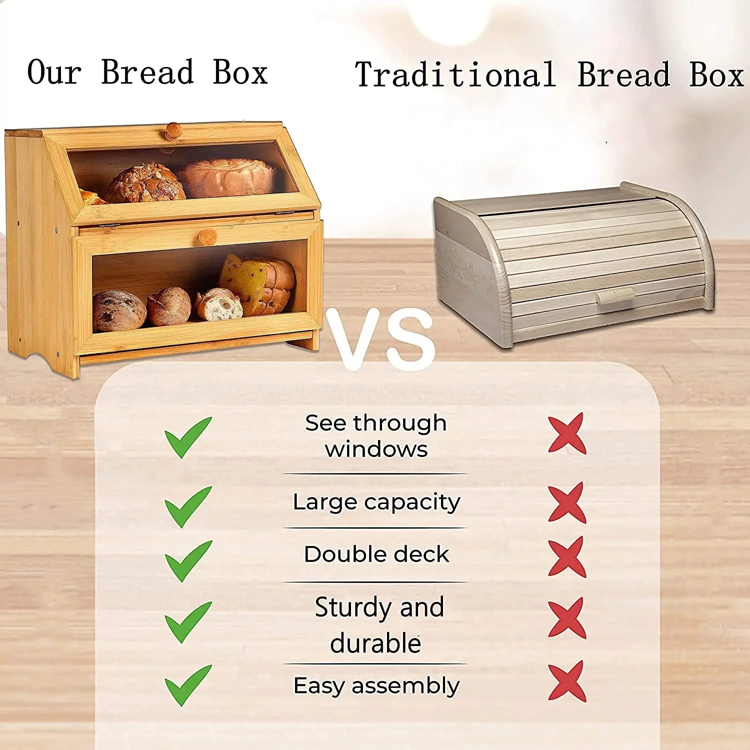 Double Layer Large Bread Box for Kitchen Countertop,Wooden Large Capacity Bread Storage Bin,Bamboo Farmhouse Style Bread Storage Container with Clear Window,Self-Assembly