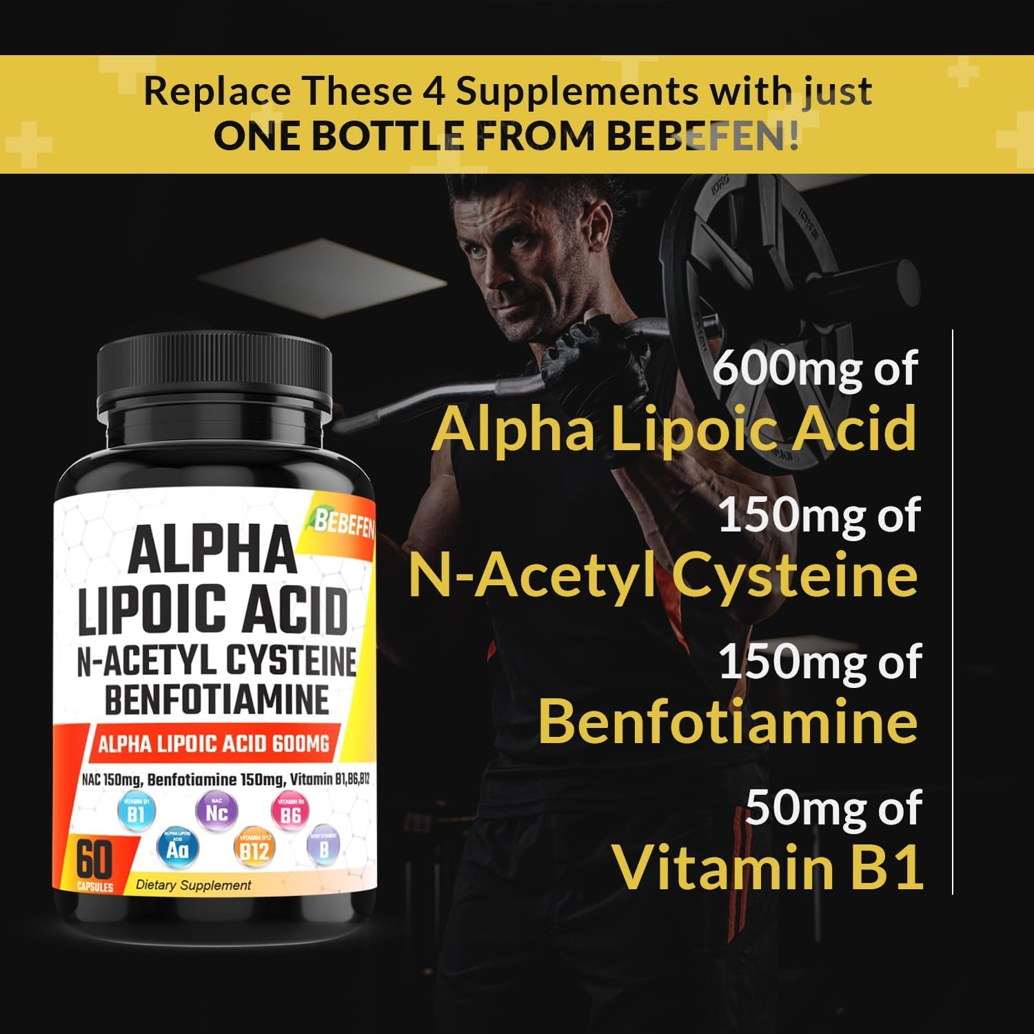 Alpha Lipoic Acid 𝟔𝟎𝟎𝐦𝐠 N-Acetyl Cysteine 150Mg Benfotiamine 150Mg Supplement with Vitamin B1 B6 - Support Focus, Brain Health & Overall- Alpha Lipoic Acid Capsules NAC Pills Benfotiamine Caps