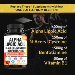 Alpha Lipoic Acid 𝟔𝟎𝟎𝐦𝐠 N-Acetyl Cysteine 150Mg Benfotiamine 150Mg Supplement with Vitamin B1 B6 - Support Focus, Brain Health & Overall- Alpha Lipoic Acid Capsules NAC Pills Benfotiamine Caps
