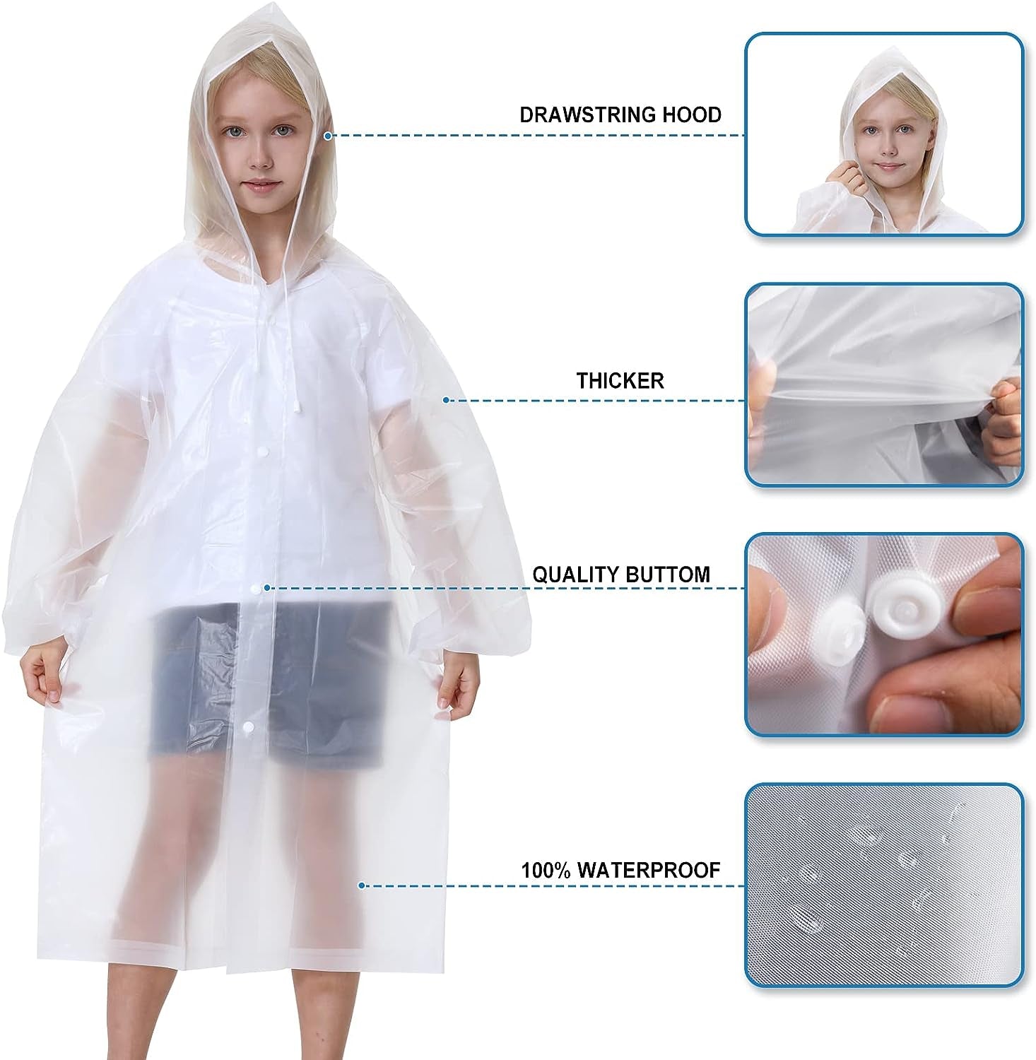 Reusable Raincoats 2 Pack EVA Rain Ponchos for Adults Kids, Rain Coats with Hood for Women Men Girl Boy
