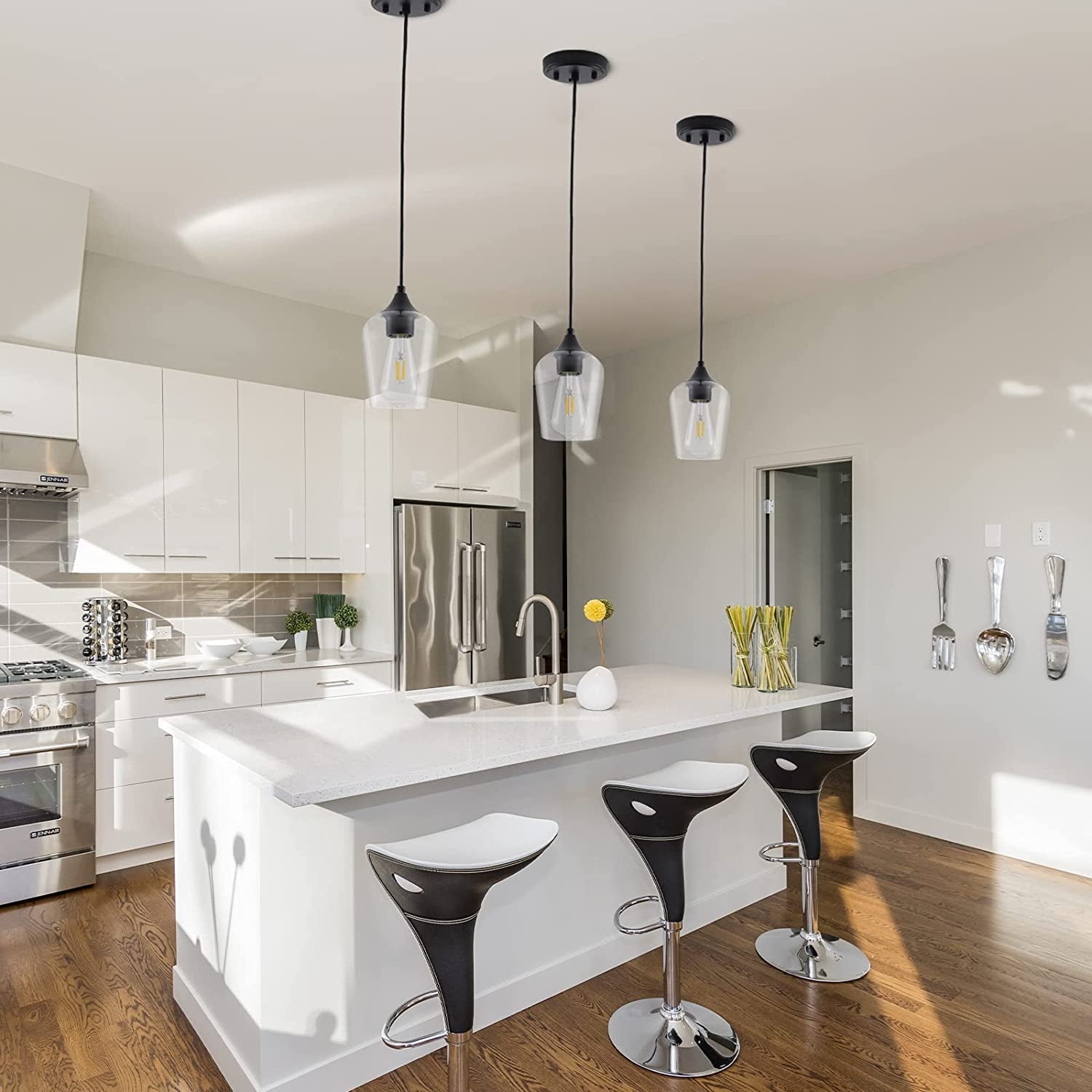 Black Pendant Lights, Mini Glass Cylinder Pendant Light Fixture, Adjustable Clear Glass Shade Hanging Ceiling Lamp, Industrial Pendant Lighting for Kitchen Island, Dining Room, Hallway, 2 Pack