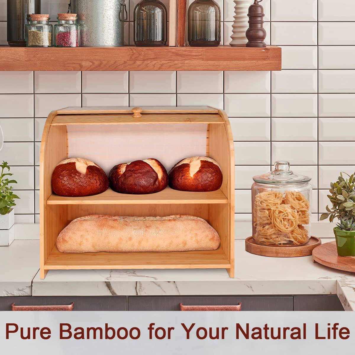 Bamboo Bread Box for Kitchen Counter, Double Layer Roll Top Bread Keeper Food Storage Container with Adjustable Shelf