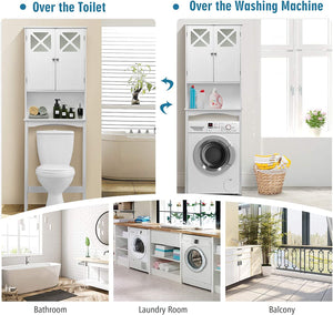 over the Toilet Storage Cabinet, 3-Tier Tall Free Standing Space Saver Shelf Tower, Bathroom Organizer with Adjustable Shelf, 2 Tempered Glass Doors, Open Shelving, Storage Rack, White