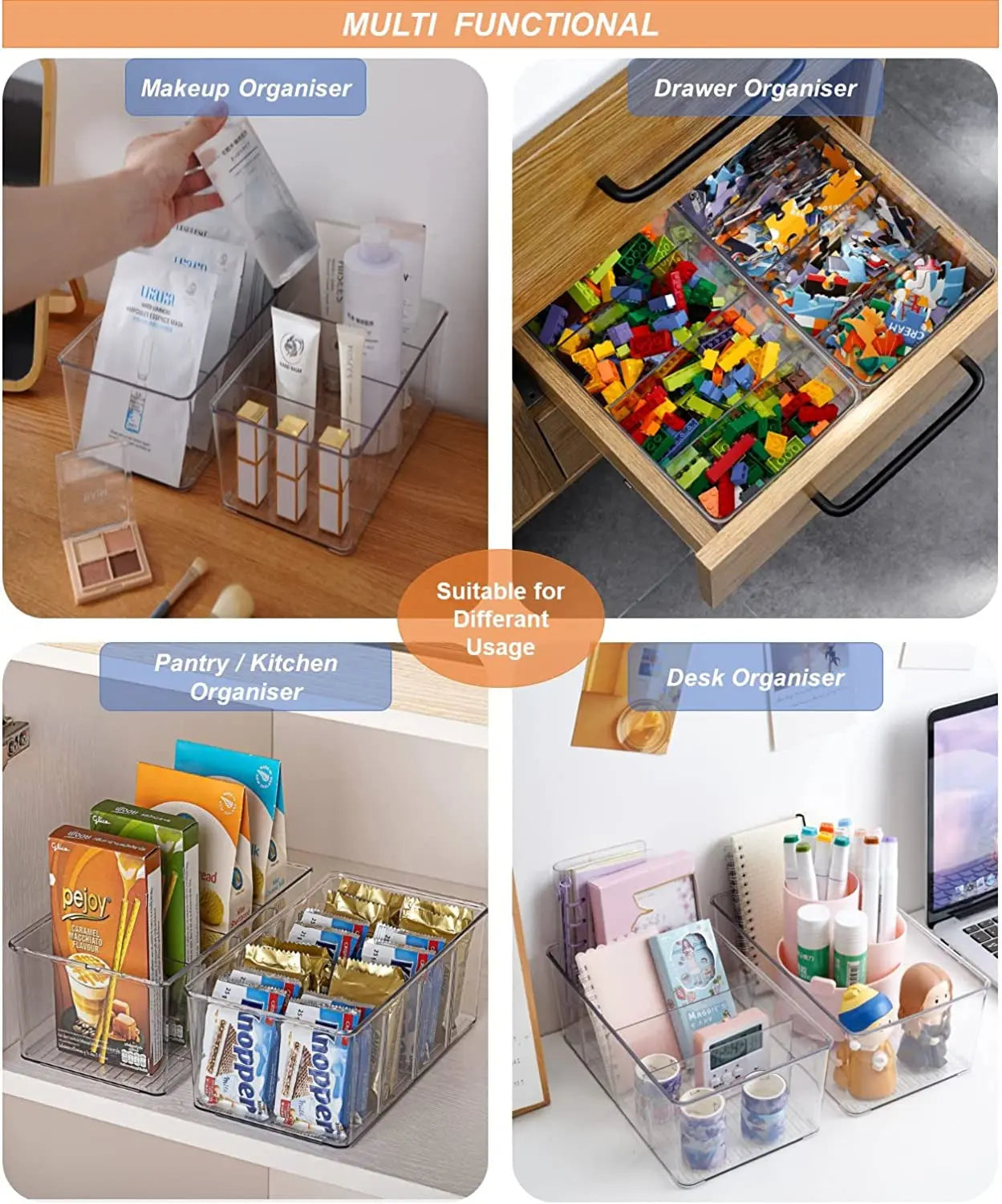 2 Pack Plastic Food Storage Containers Bins, Stackable Bathroom Kitchen Pantry Drawer Makeup Organisers Bins, Food Storage Bag Tea Box, Storage Baskets & Bins, Fridge Storage Organiser Containers (2)