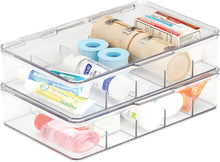 Load image into Gallery viewer, Rectangular Plastic Stackable Storage Box with Hinged Lid for Organizing First Aid, Medicine, Ointments, Dental, Diabetic Supplies - 5 Divided Compartments, Pack of 2 - Clear
