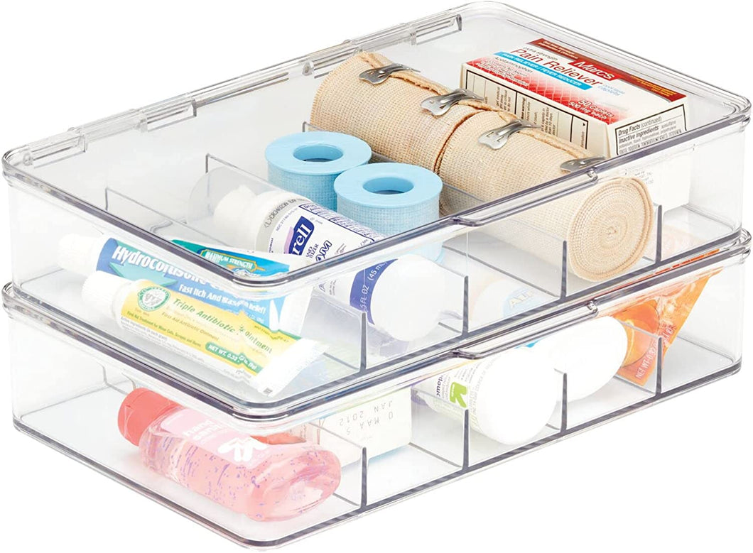 Rectangular Plastic Stackable Storage Box with Hinged Lid for Organizing First Aid, Medicine, Ointments, Dental, Diabetic Supplies - 5 Divided Compartments, Pack of 2 - Clear