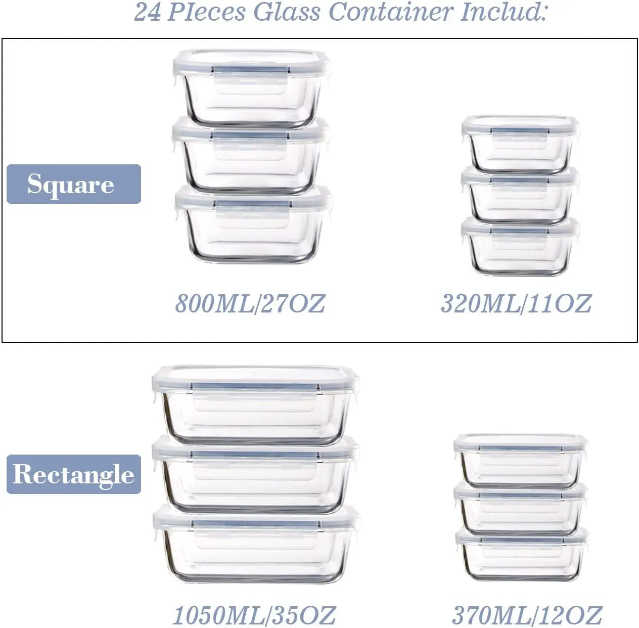 Glass Food Storage Containers with Lids Airtight, Glass Meal Prep Containers for Lunch Food Storage with Lids, 24 Pcs Glass Food Container Set-100% Leak Proof -BPA Free-Microwave, Oven, Freezer and Dishwasher Safe