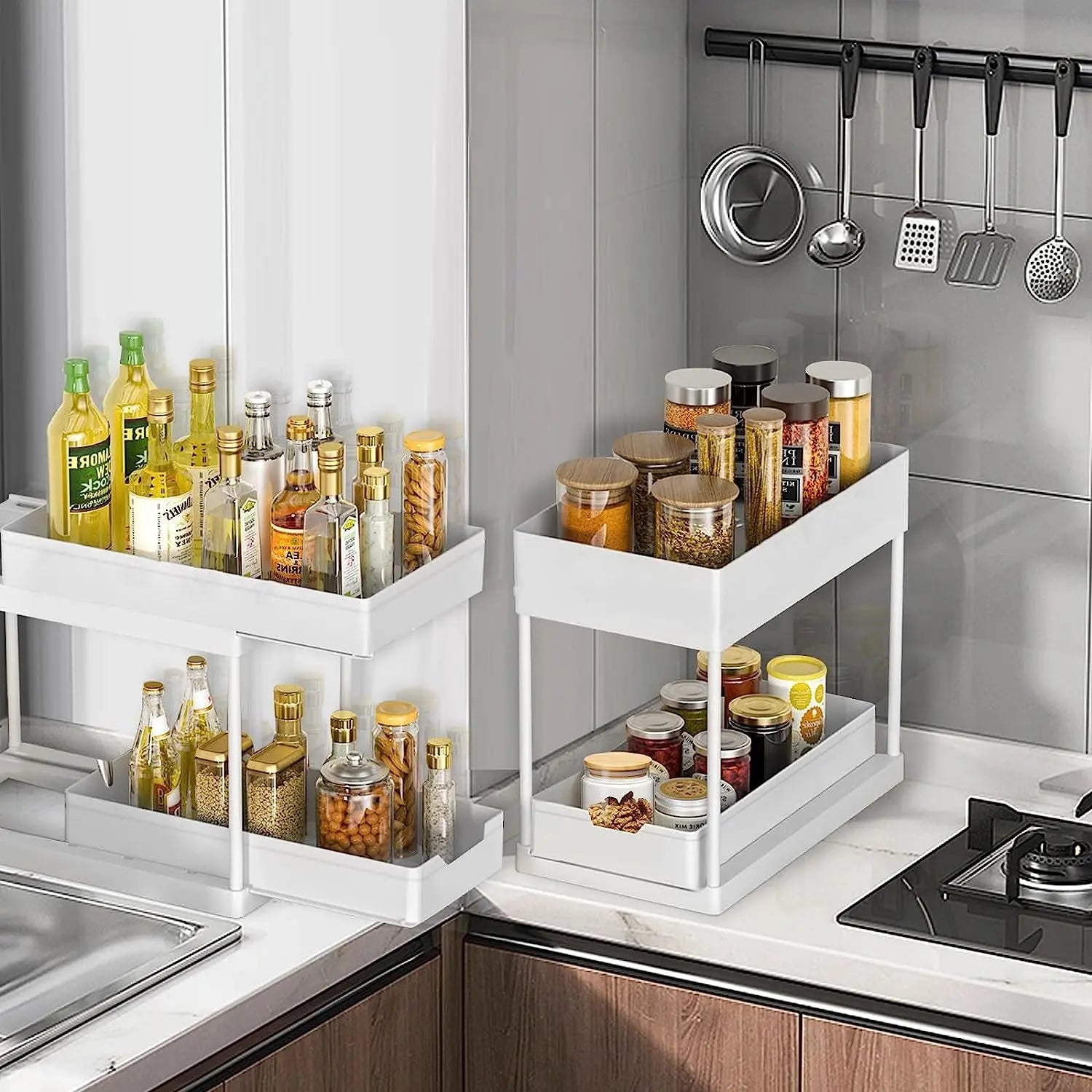 2-Tier Pull Out Sliding Drawer under Sink Storage Organiser for Kitchen Cupboard - Bathroom Organiser Sink Storage for Laundry Storage & Organisation (2 Pack)