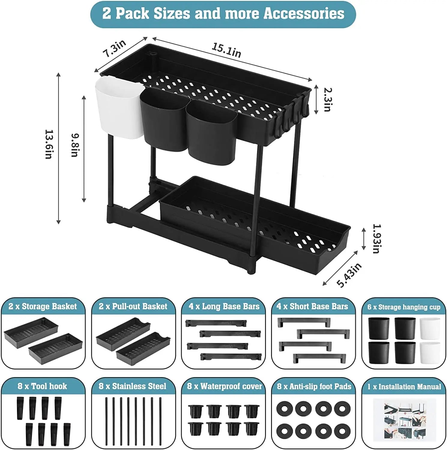 under Sink Organizer and Storage, 2 Pack 2 Tier Bathroom Restroom Kitchen Cabinet Shelf with 6 Cup 8 Hooks Multi-Purpose Cleaning Supplies Organizer