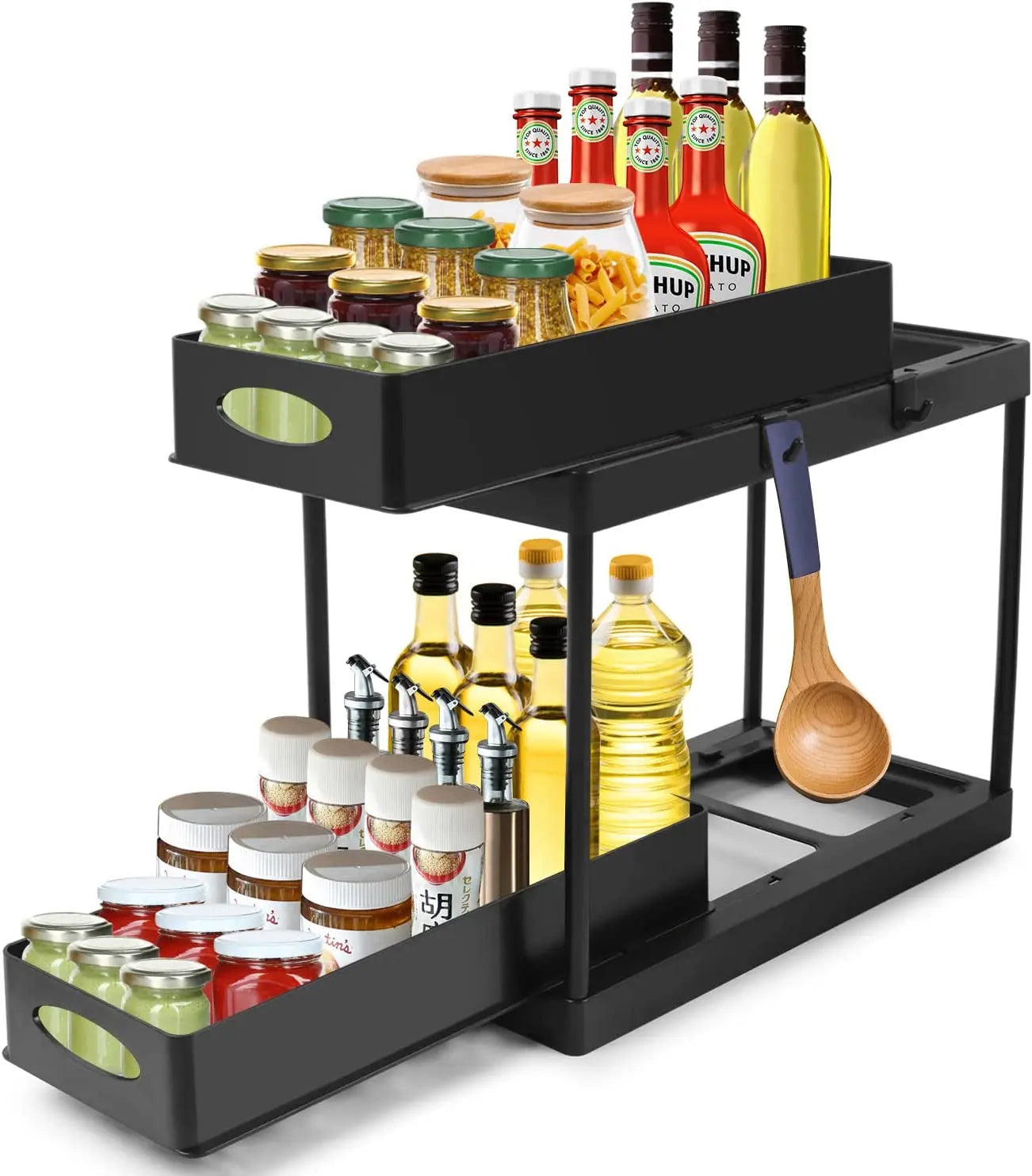 2-Tier Kitchen Spice Oil Rack ,Double Sliding Pull Out Spice Rack,Pull Out Oil Rack with 4 Hanging Hooks, Black