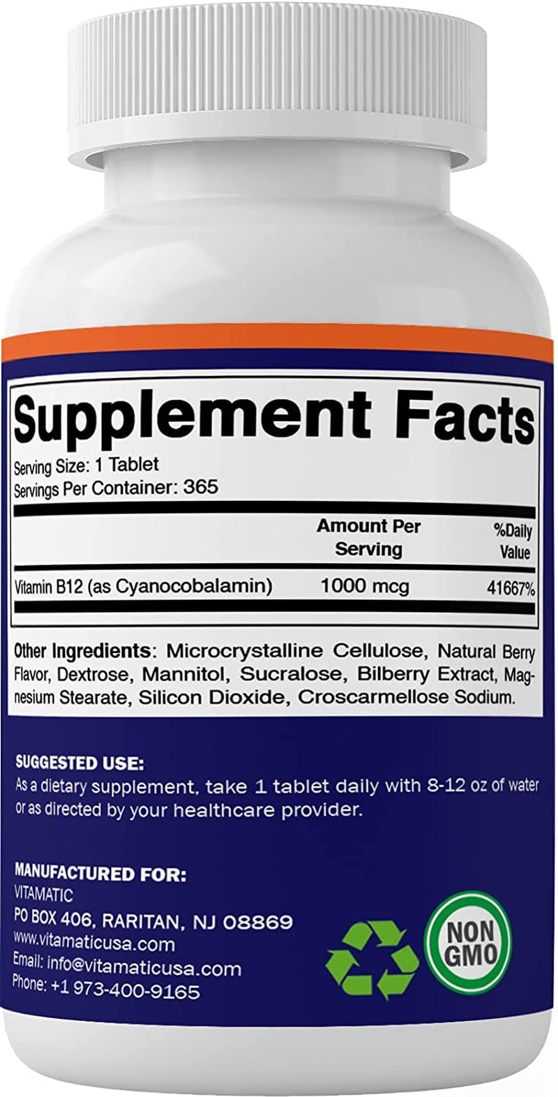 Vitamin B12 1000 Mcg Fast Dissolve 365 Tablets - Berry Flavor - Supports Energy Metabolism