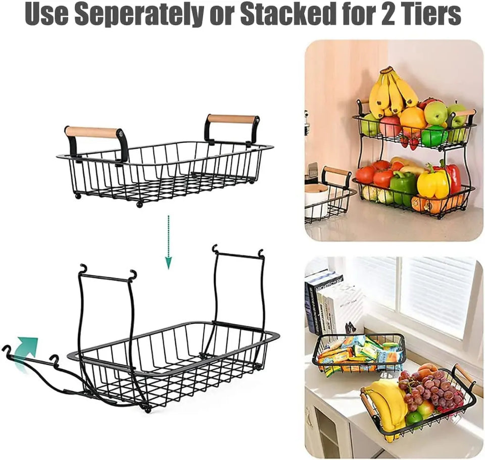 Metal Wire Two Tier Home and Kitchen Storage & Organisation Rack, Stackable Snack Table Organiser Rack, Detachable Bathroom Organiser Basket, Black