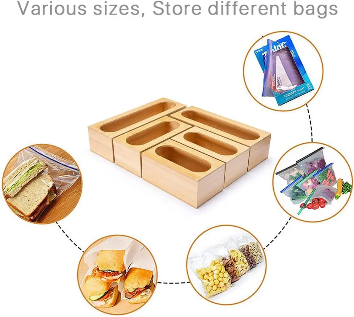 5 Pack Bamboo Storage Bag Organizer Food Storage Bag Organizer Holders Kitchen Drawer Dispenser Compatible with Gallon, Quart, Sandwich, Snack, Candy Variety Size Bags