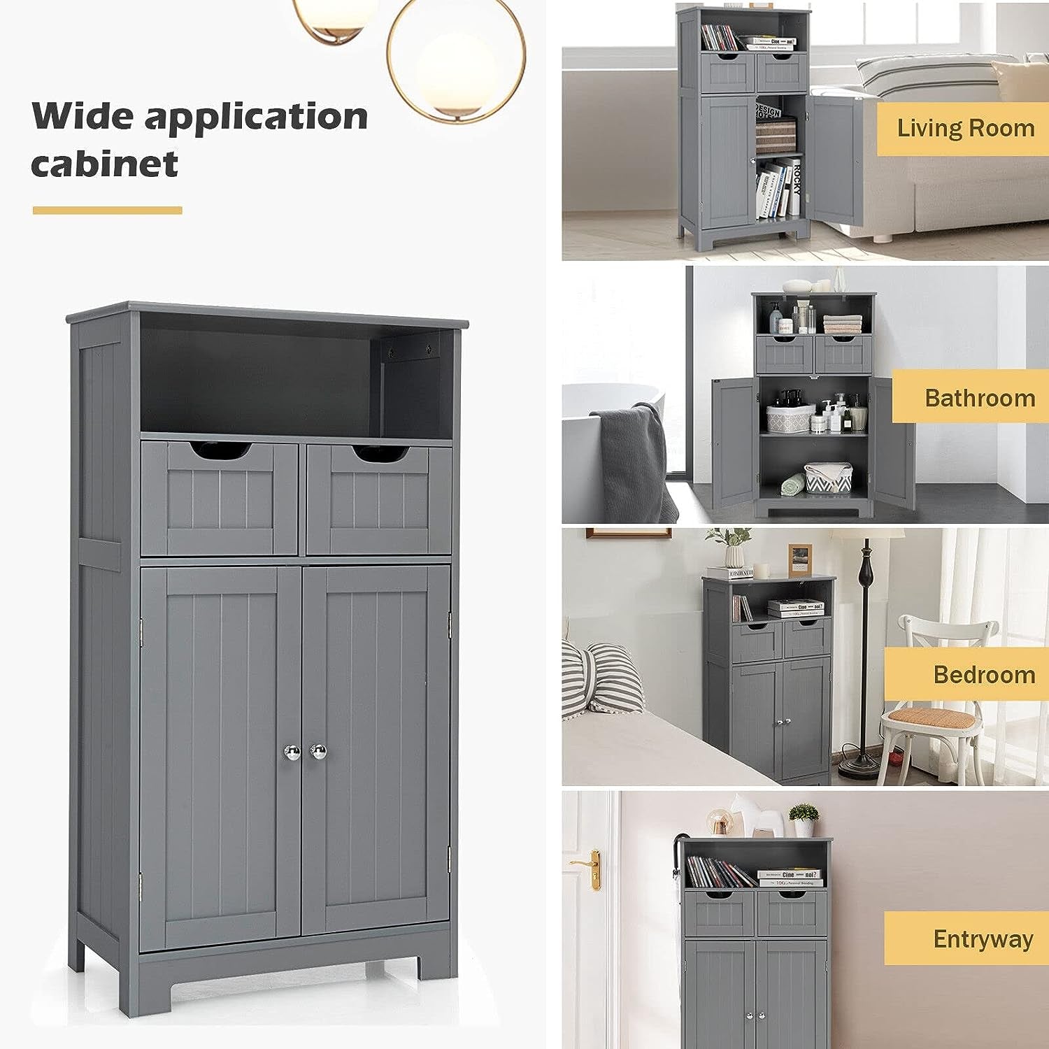Bathroom Floor Cabinet, Storage Cabinet W/One Open Shelf Two Doors and Two Adjustable Drawers, Standing Cupboard for Kitchen, Cabinet for Living Room Bathroom Bedroom Home Office (Grey)