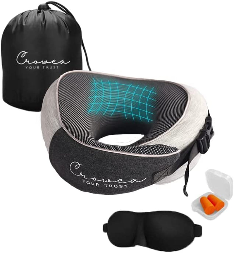 Neck Pillow - 100% Pure Memory Foam Neck Travel Pillow with 360 Degree Comfortable & Breathable Head and Neck Support, Includes Luxury Bag, Eye Mask & Earplugs for Airplane, Car (Black & Grey)