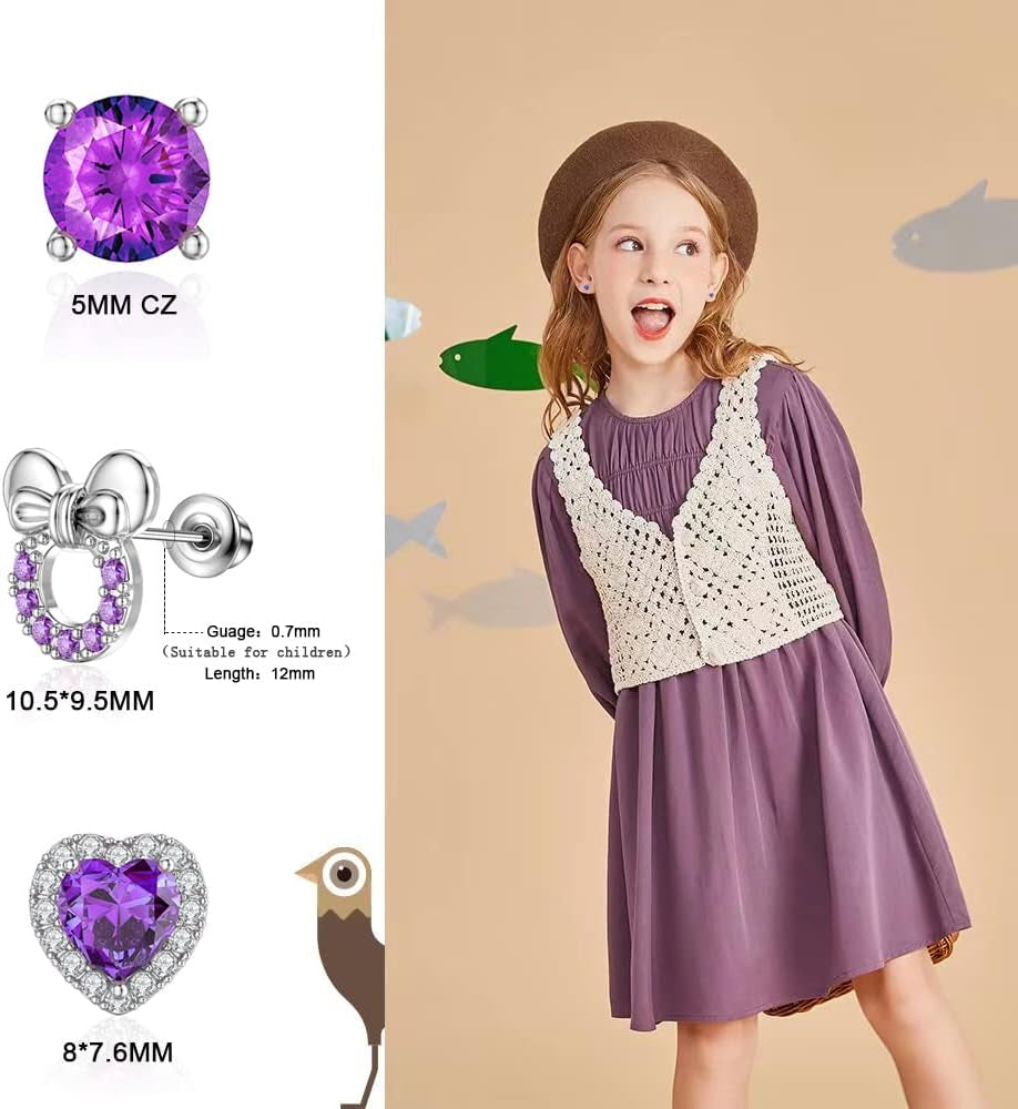 8 Pairs Hypoallergenic Earrings 925 Sterling Silver Stud Earrings Heart CZ Tiny Butterfly for Kids, Toddlers, Little Girls, Teens, Women