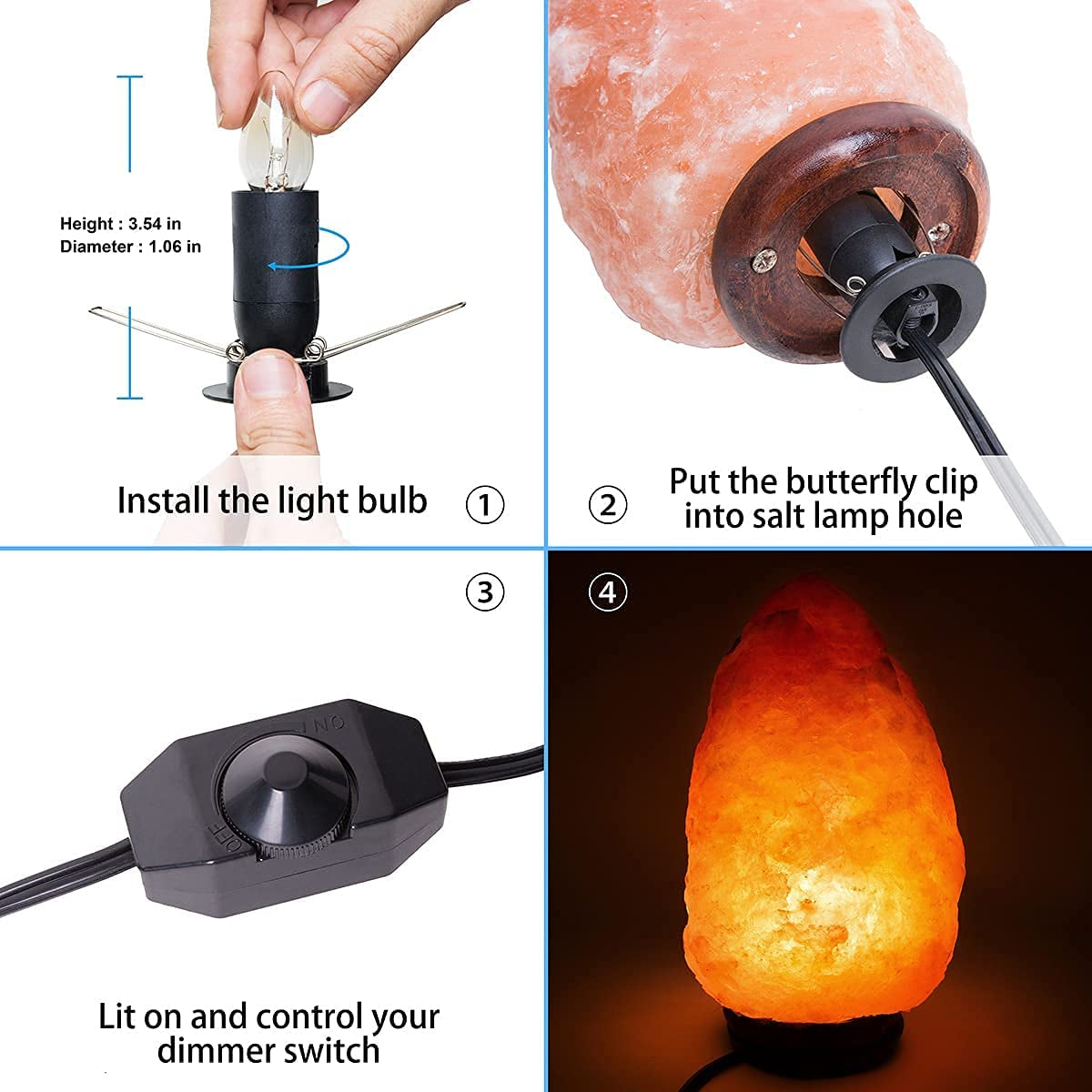 Salt Lamp Cord Replacement with Dimmer Switch and 3 Free Bulbs, Original Replacement Power Cord with Base Assembly E14 Socket & Metal Clip, for All Himalayan Crystal Salt Rock Lamp - 240V SAA Standard