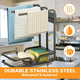 Kitchen Sink Caddy Organiser with Removal Drainage Tray, Metal Countertop Sponge & Soap Holder, Dishcloth Towel Hanger- Free Standing or Wall-Mounted (Black)