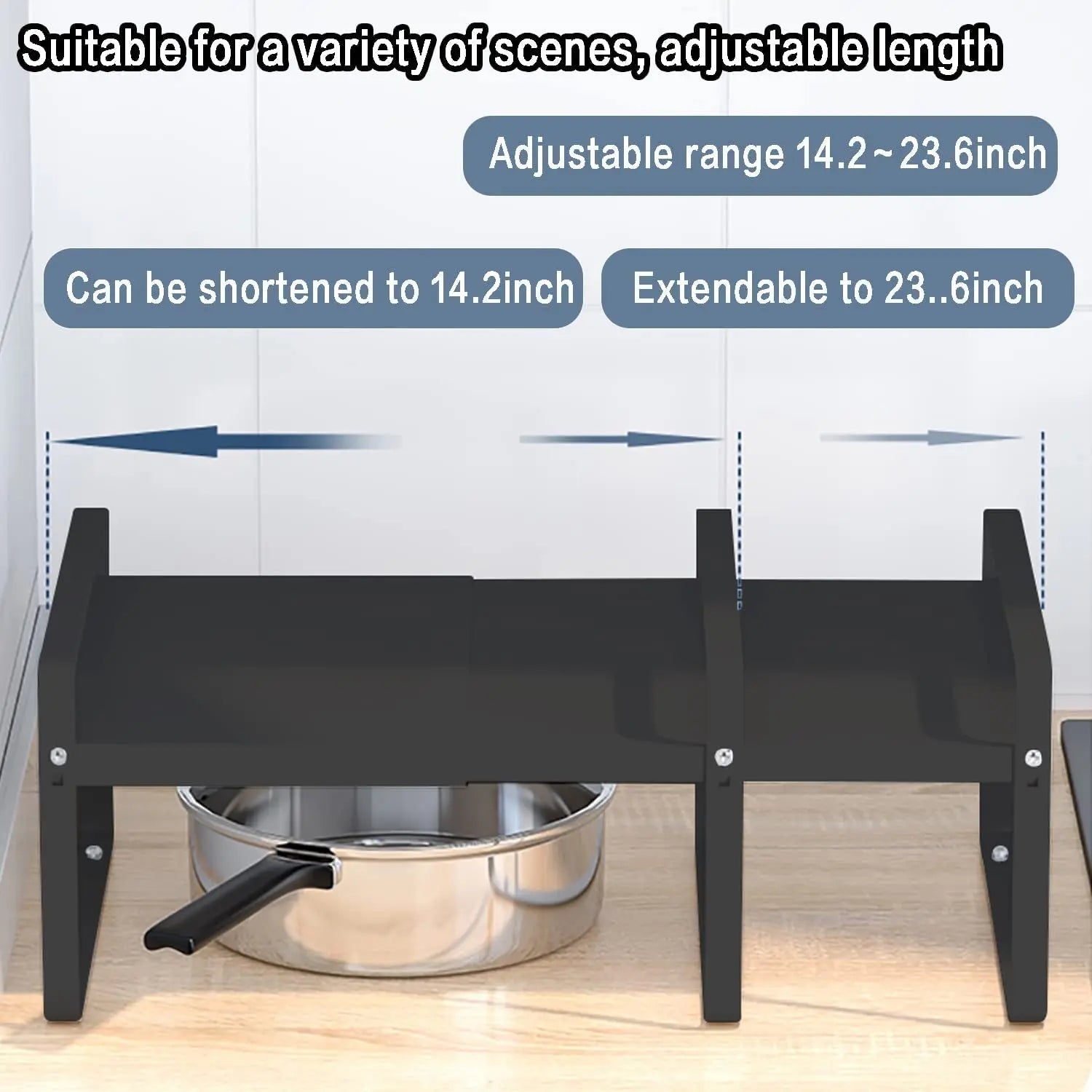 MAGGHEVI Expandable Cabinet Shelf Organizer Storage Rack，Cupboard Stand Spice Rack，Pantry Shelves Space Riser for Kitchen Bathroom，Metal Plate Heavy Duty Nonslip (Black)