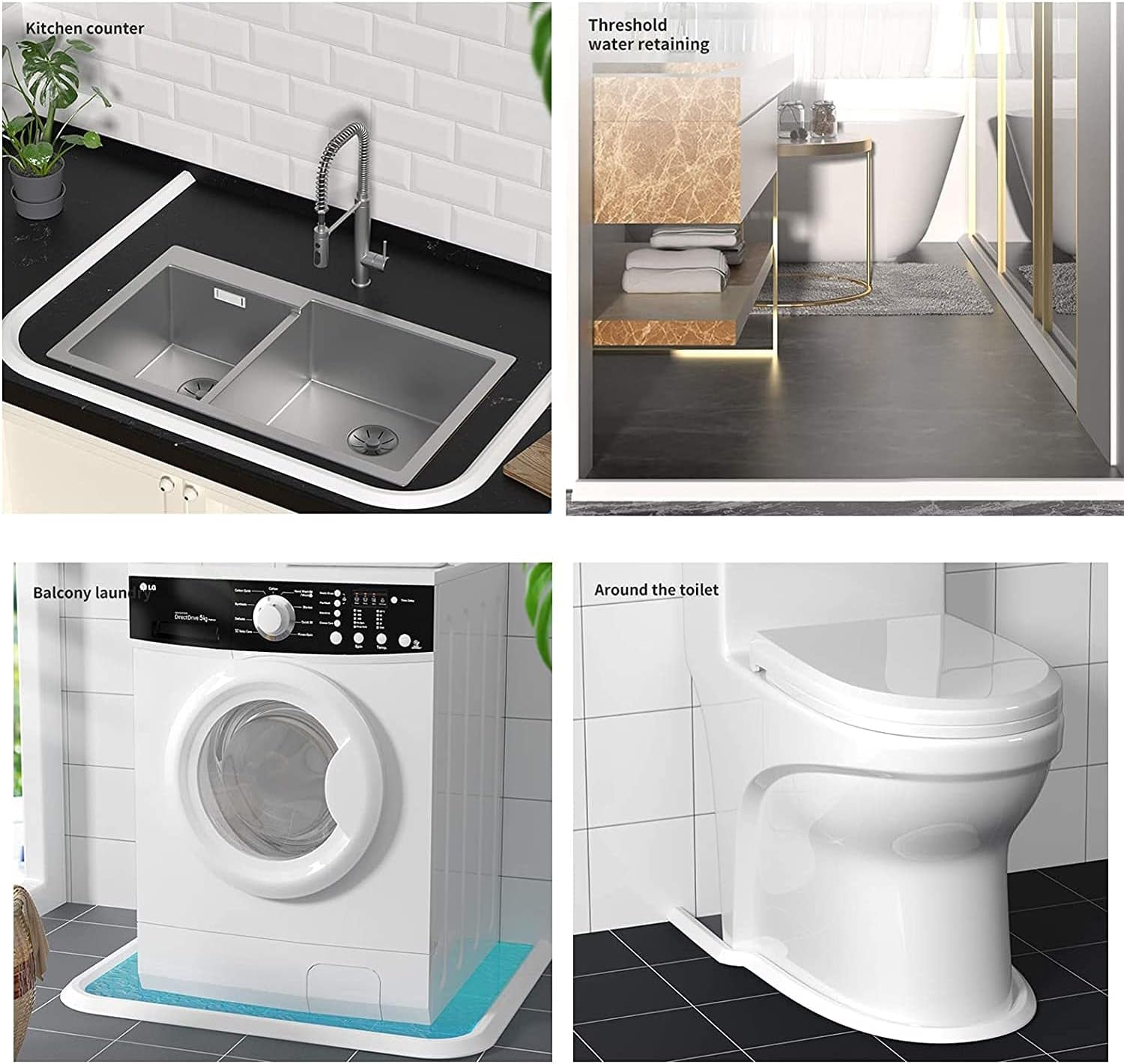 Collapsible Shower Threshold Water Dam Shower Barrier Shower Door Dam Silicone Self-Adhesive Water Stopper Wet Room Bathroom,White,160Cm