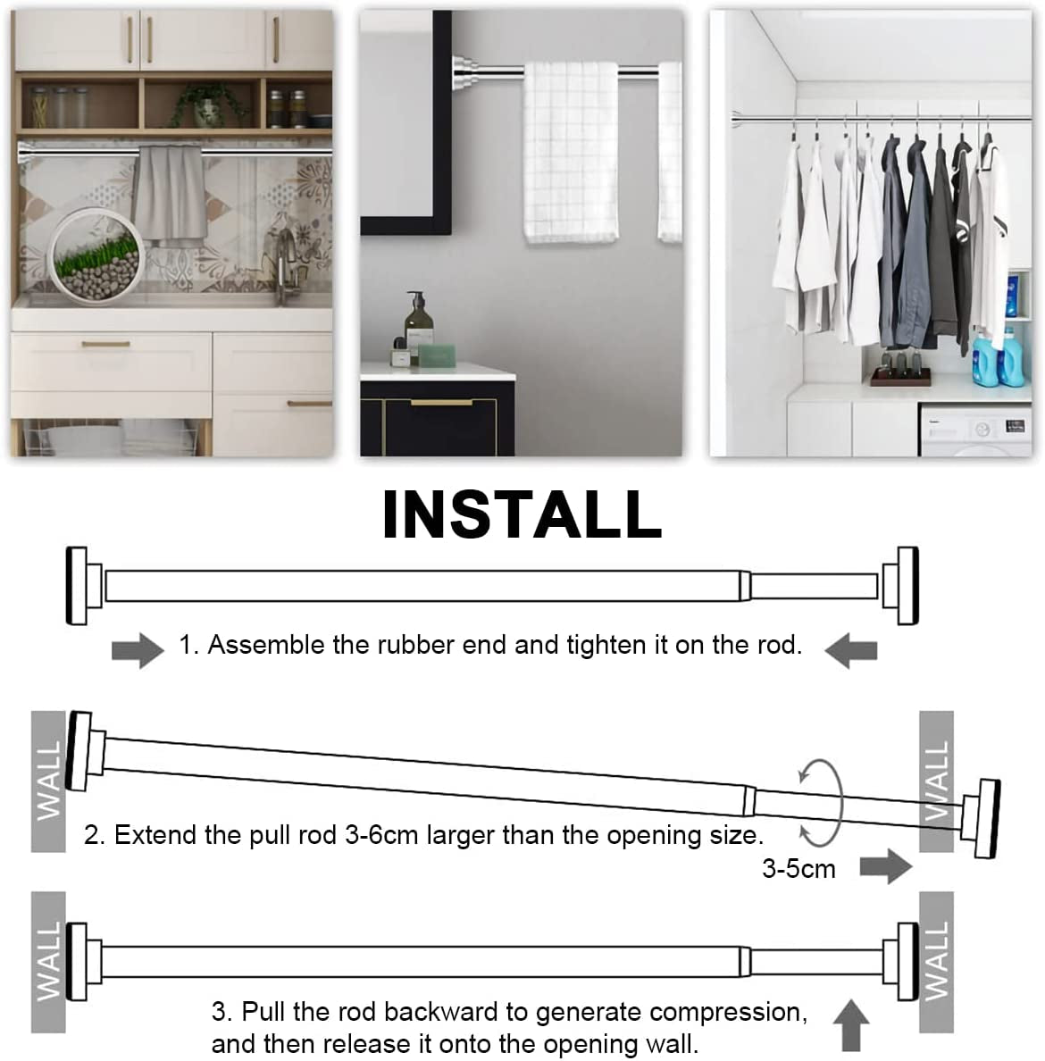 Shower Curtain Rod，Tension Curtain Rod,Stainless Steel Shower Curtain Telescopic Rod, Exemption of Punching Clothes, Wardrobe Rods, Bathroom Kitchen Balcony (60Cm)
