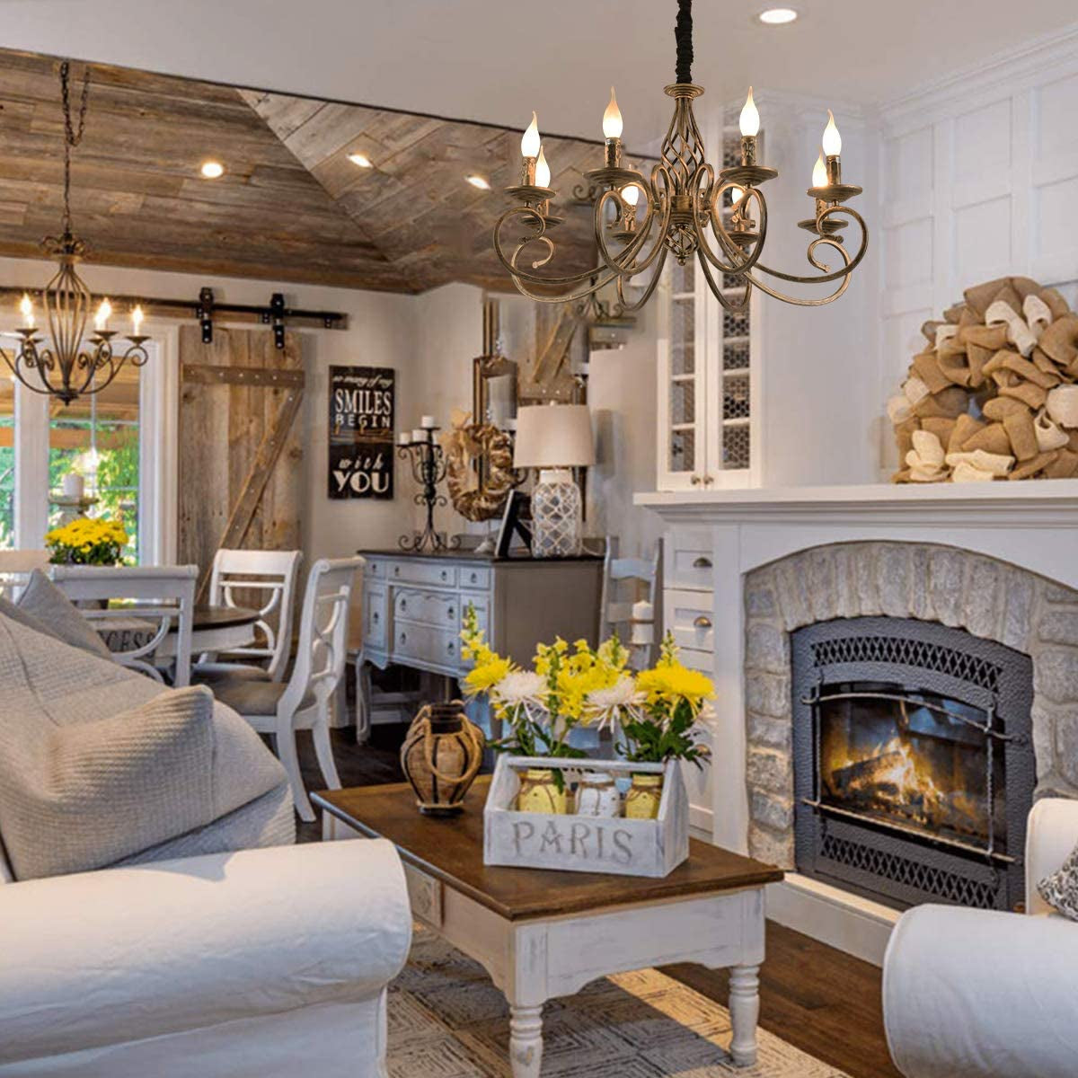 Rustic Chandeliers, 8 Lights Candle French Country Chandelier, Vintage Iron Pendant Light Fixture Hanging Light for Farmhouse, Kitchen Island, Dining Room, Bedroom