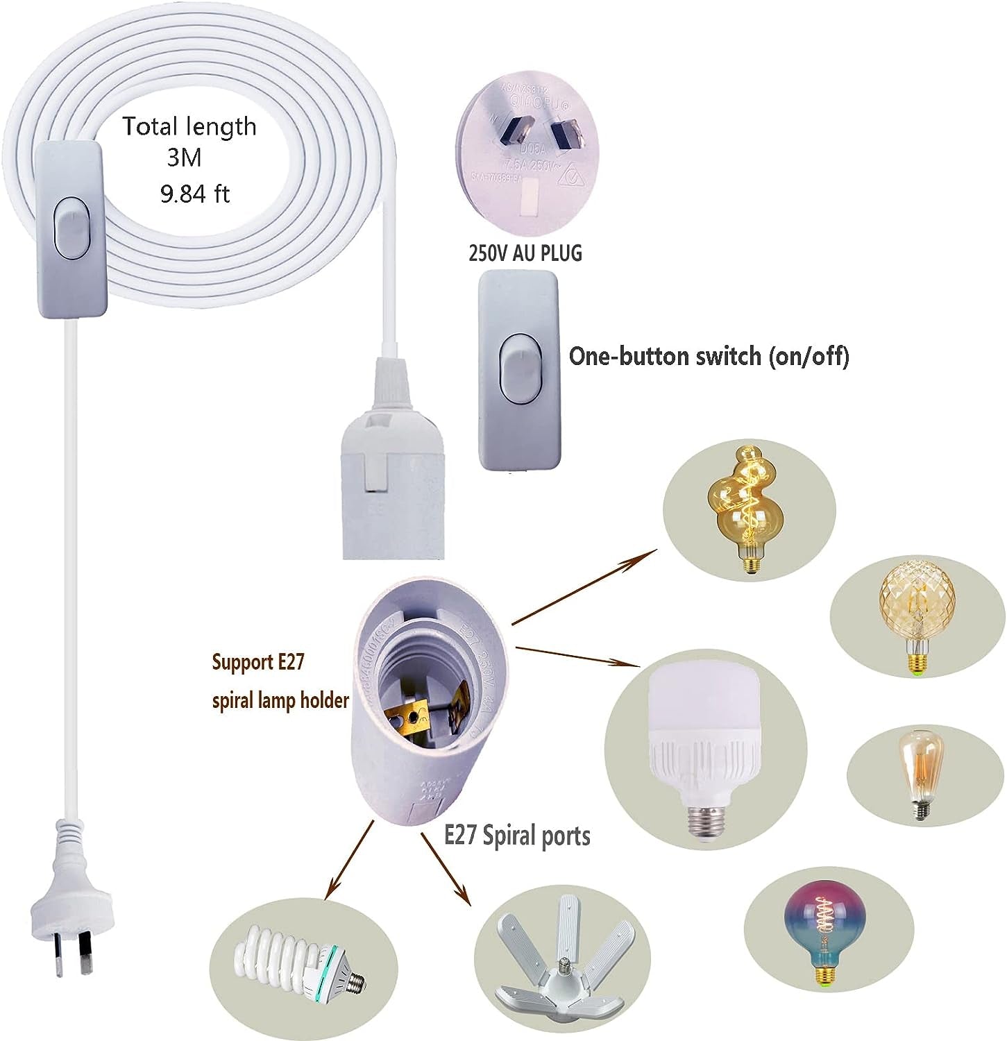 E27 LED Light Bulb Base 3M Extension Cable Cord with On/Off Switch, E26 Lamp Holder Socket AC AU Power Plug, Lights Lamp Bulb Cord for Bedroom Kitchen Plant Growth DIY Hanging Lanterns Pendant Light