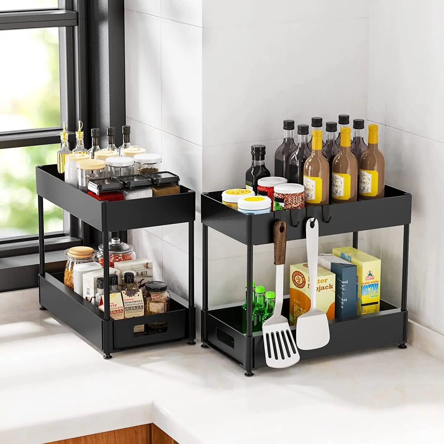 under Sink Organizers and Storage Pull Out Sliding Drawers,2 Tier Under-Sink Organizers with Sliding Drawer with 4 Hooks,Under Sliding Cabinet Basket Organizer Holder for Bathroom Kitchen