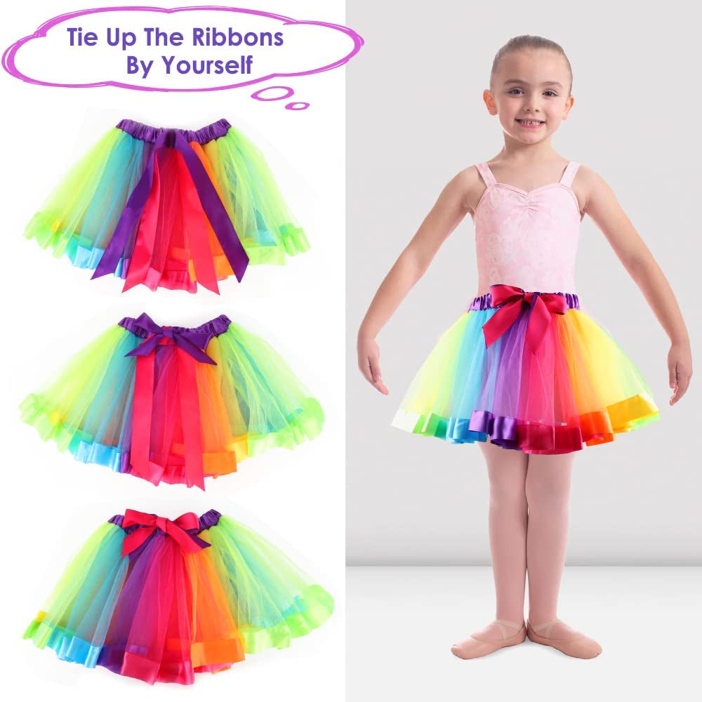 Girl Tutu Skirt, Rainbow Tulle Dress up with Unicorn Headband Baby Girls Ballet Costume for Birthday Party Photography Halloween Children'S Day Outfit for 2-8 Years Kids