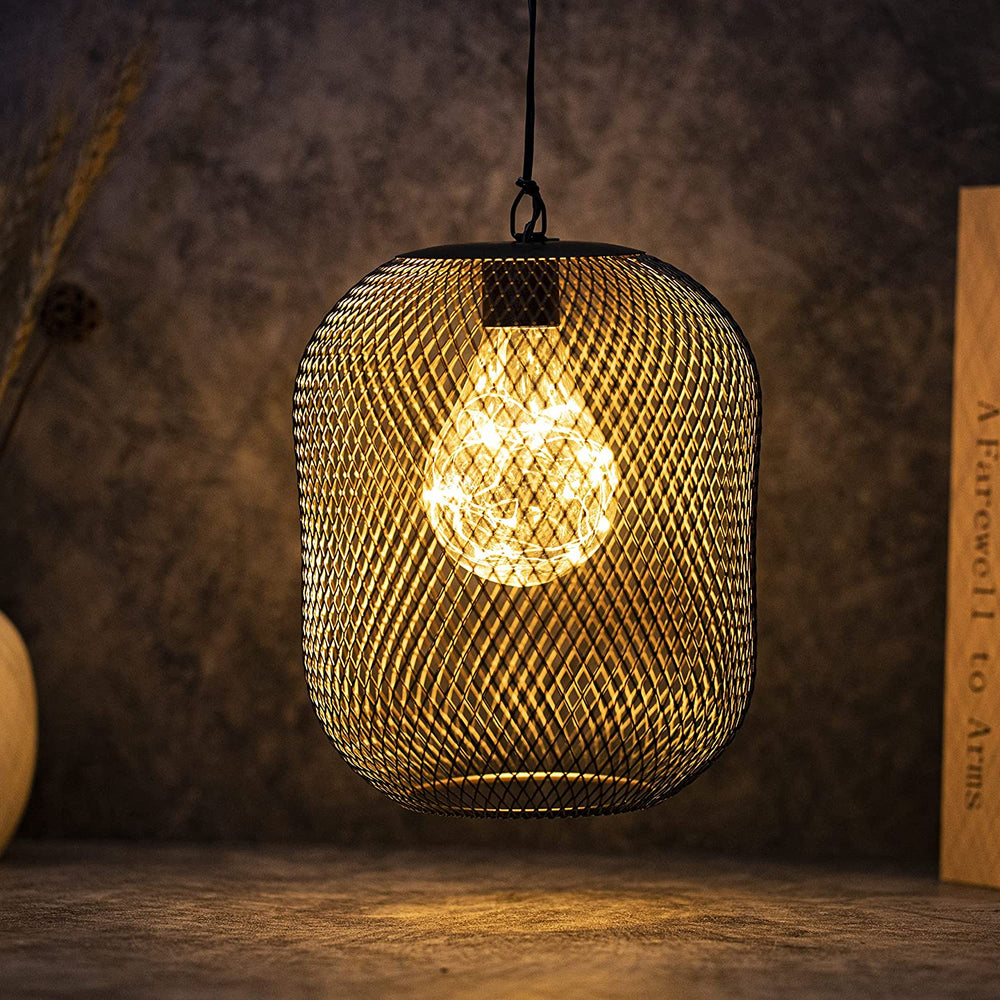 Battery Operated Hanging Lamp 21.5 Cm High Metal Mesh Lanterns with Warm Fairy Lights Bulb for Christmas Home Living Room Garden Patio Parties Events Tabletop Indoors Outdoors (Black)