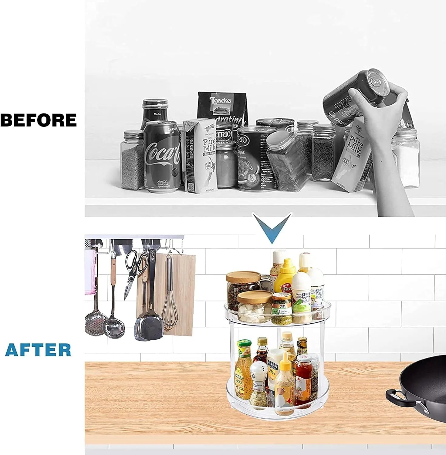 2 Tier Lazy Susan Turntable Cabinet Organizer Spice Storage Rack, Rotating Kitchen Cupboard Organiser, Storage Rack for Kitchen, Fridge and Bathroom, Makeup Holder Cosmetic Storage Rack Clear