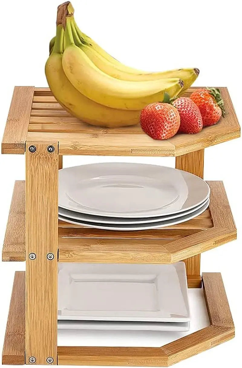 Bamboo Kitchen Corner Shelf - Countertop Organizer - Cabinet Corner Rack for Plate, 3-Tier Kitchen Shelf Storage Organizer Rack- Premium Cabinet & Pantry Kitchen Organization (1)