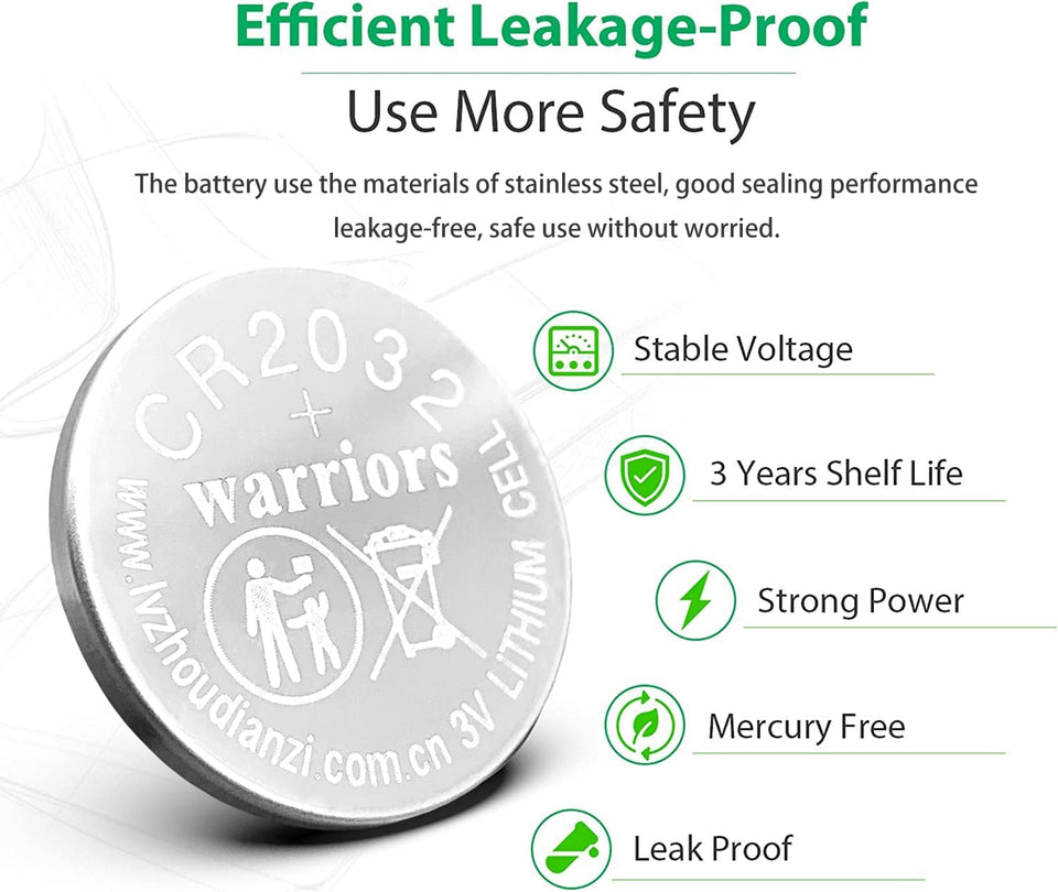 Warriors 2032 CR2032 Coin Button Cell 3V 3 Volt Lithium Batteries 5X Retail Pack Compliant with Coin Battery Safety Standards 2020