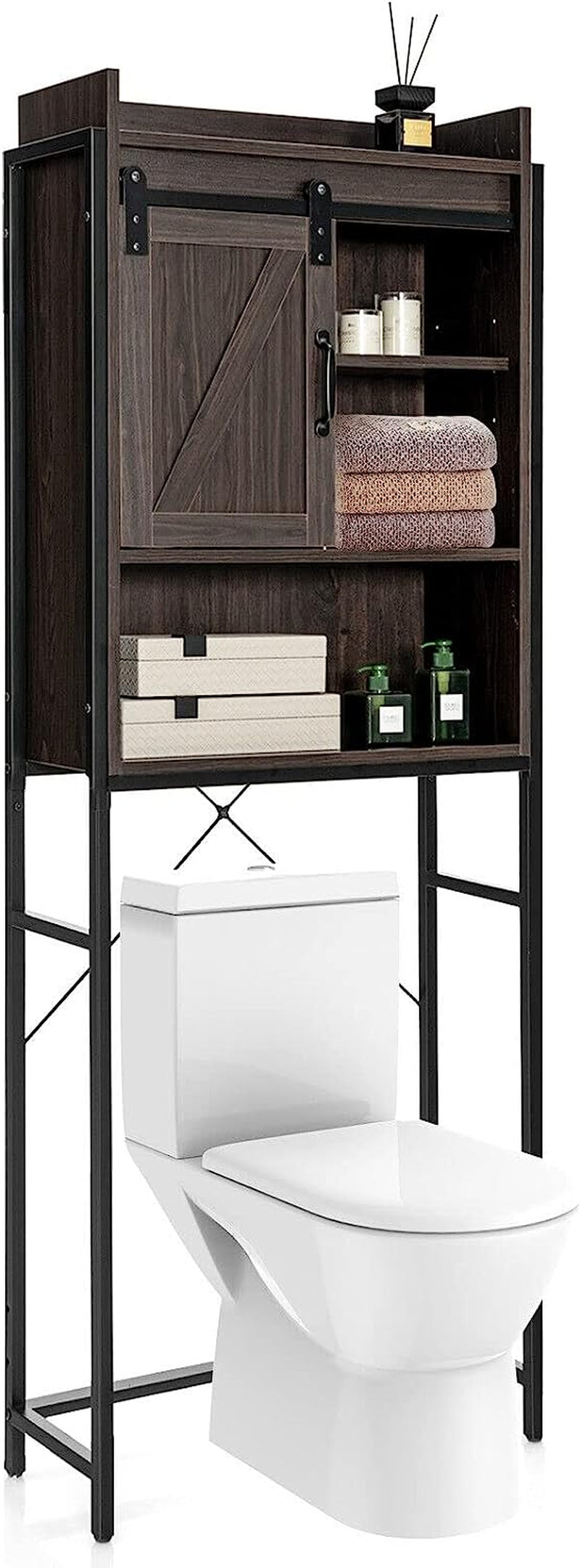 Over-The-Toilet 4-Tier Storage Cabinet, Freestanding Bathroom Organizer W/Adjustable Shelf & Sliding Cabinet Door, Multifunctional Bathroom Space Saver (Brown)