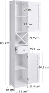 BBC69WT Bathroom Cabinet Tall Cabinet with 2 Slat Doors Storage Cabinet with Drawer Removable X-Shaped Shelf 32 X 30 X 170 Cm Scandinavian Style White