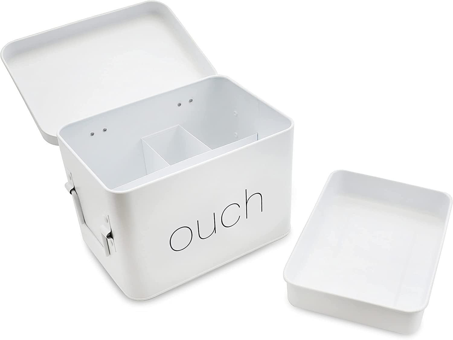 Organizational Divided Metal Tin Caddy with Hinged Lid & Removable Tray, Storage Box for First Aid, Medicine and Pharmacy Items, Bandages, Toiletries, Bathroom Supplies - Matte White & Black