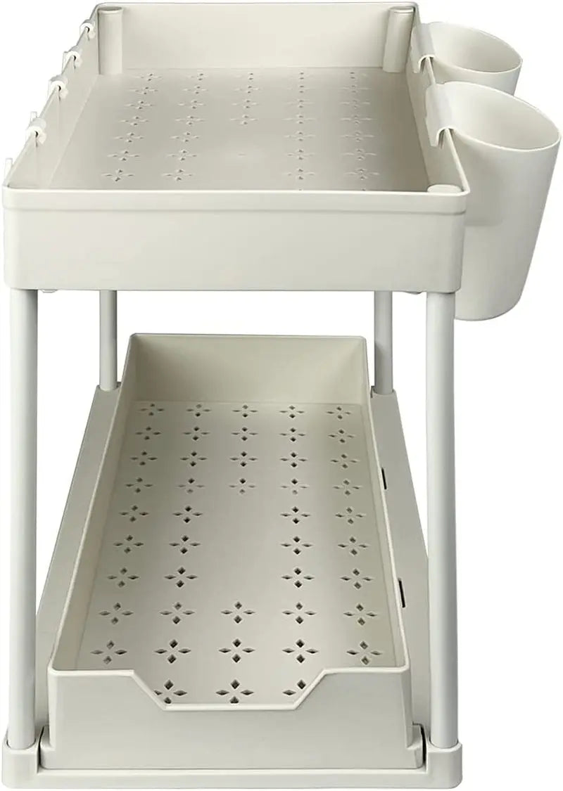 2 Pack 2 Tire Storage Shelf Organiser Spice Rack Sliding Drawer Basket under Sink Kitchen Bathroom Home White