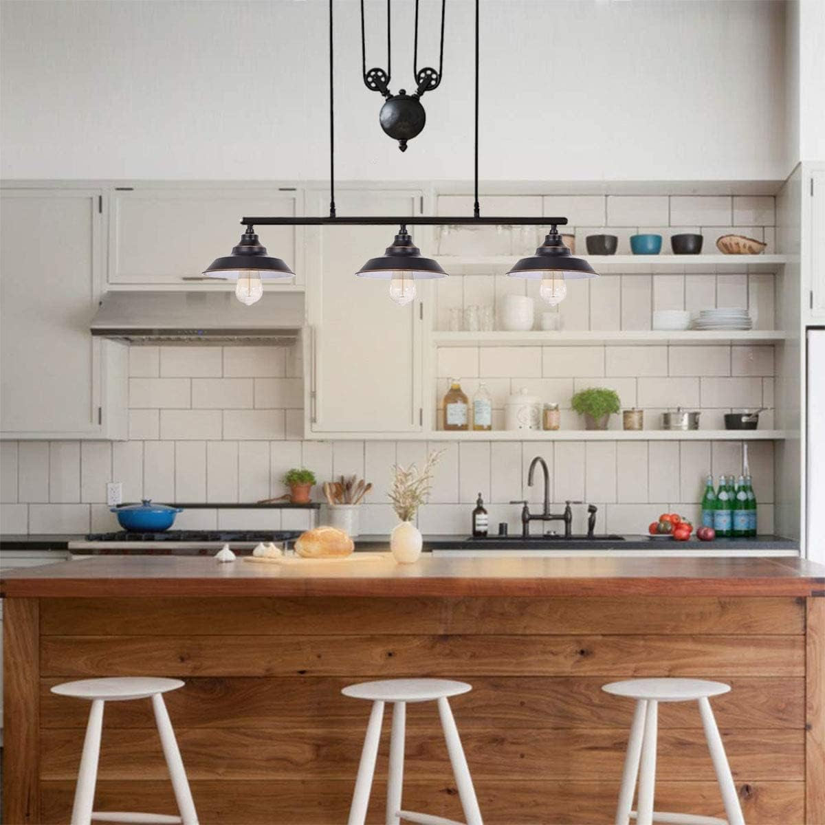 3-Light Pulley Pendant Light,Rustic Kitchen Island Lights with Metal Shades,Adjustable Hanging Height,Industrial Vintage Ceiling Lights Fixture for Dinner Room Farmhouse Bar